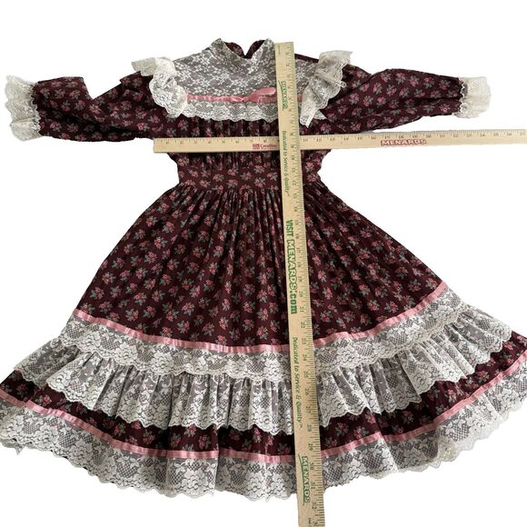 Vtg Girls Dress Mini World Sz 8 Maroon Calico Prairie Ruffle Cottagecore Lace - Picture 7 of 12